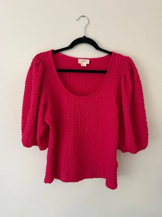 Anthropologie Maeve Balloon Sleeved Textured Smocked Stretch Top Large Hot Pink - Picture 2 of 8